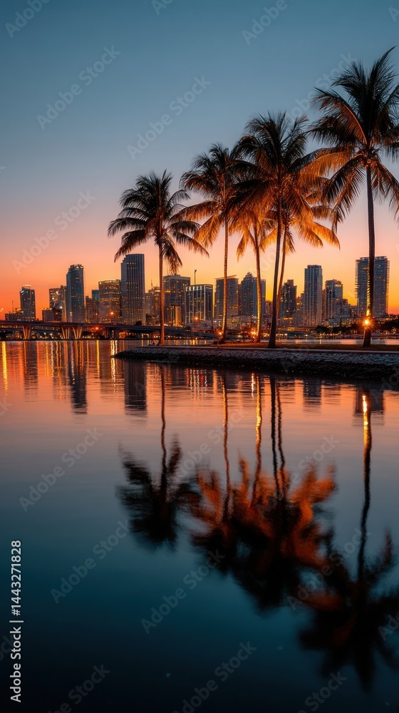 Obraz premium City skyline at sunset reflected in calm water, palm trees line the shore