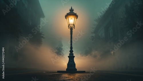 A solitary lamp post glows warmly amidst a thick fog, casting a mysterious and enchanting ambiance on an empty street. The scene is shrouded in a dreamy, muted color palette of teal and orange.