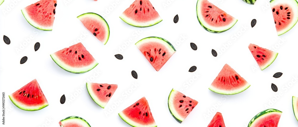 Delightful watermelon slices scattered on a clean white surface creating a vibrant summer pattern perfect for refreshing designs and healthy eating themes Delightful watermelon slices scattered on a clean white surface creating a vibrant summer pattern perfect for refreshing designs and healthy eating themes