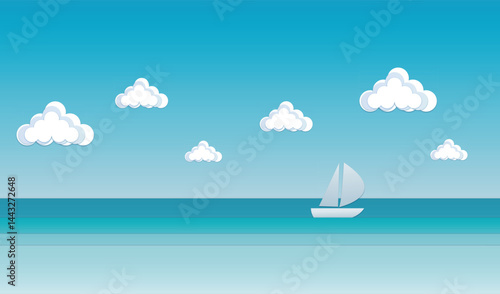 Minimalist paper art depicting a sailboat navigating a tranquil ocean under a bright blue sky with fluffy clouds