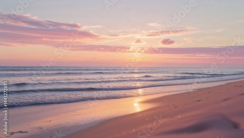 Pastel sunset over a tranquil ocean, painting the sky and sand in soft pink and purple hues. Serene beach scene.
