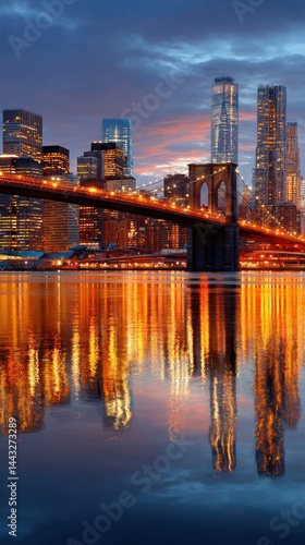 City skyline at sunset with reflections on water