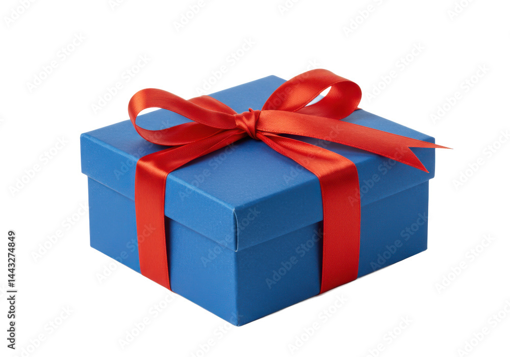 Obraz premium Blue gift box with red ribbon isolated on transparent background