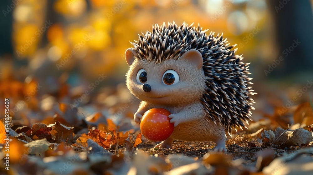 Cute hedgehog holding apple in autumn forest Cute hedgehog holding apple in autumn forest