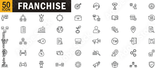 Franchise editable outline icon set. Business location network management profit strategy and more.