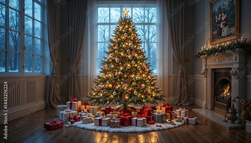 Fototapeta premium Decorated Christmas tree with gifts spreaded around on floor