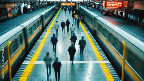 Blurred Motion of Commuters Walking on Station Platform at rush hour