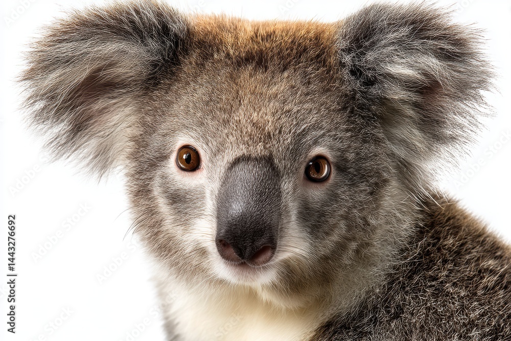 Fototapeta premium Close-up view of a koala showcasing detailed fur texture and expressive eyes against a plain white background