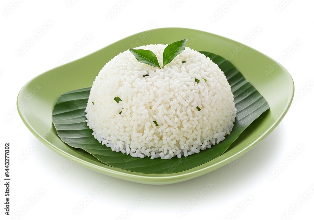 White rice on banana leaf in green dish with herb garnish isolated on white background White rice on banana leaf in green dish with herb garnish isolated on white background