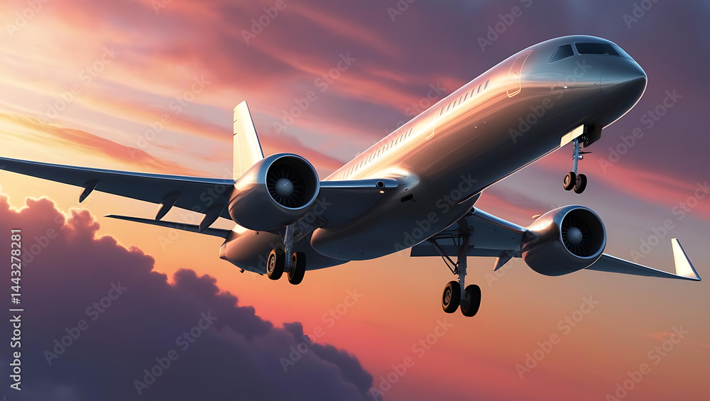Naklejka premium Airplane Takeoff at Sunset: Commercial Aviation and Dramatic Sky