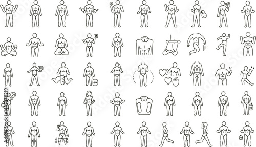 People body different weights line icon set. Vector pictograms of figure, scale, overweight, underweight, pregnant, BMI, health,