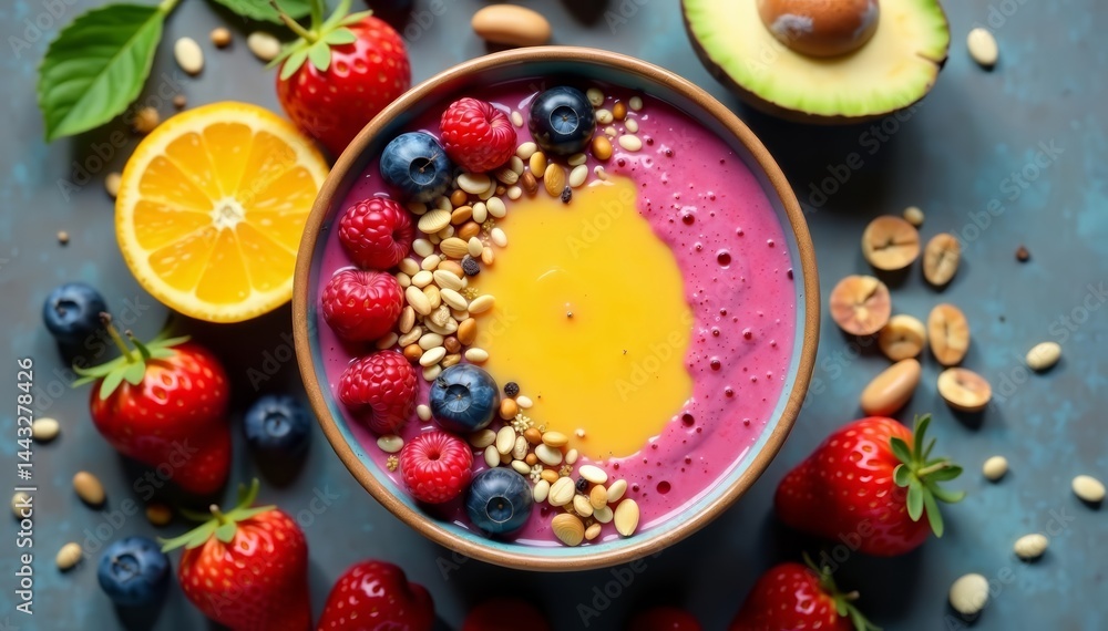 A vibrant smoothie bowl surrounded by fresh fruits, nuts, and seeds, healthy eating, bowl, colorful A vibrant smoothie bowl surrounded by fresh fruits, nuts, and seeds, healthy eating, bowl, colorful
