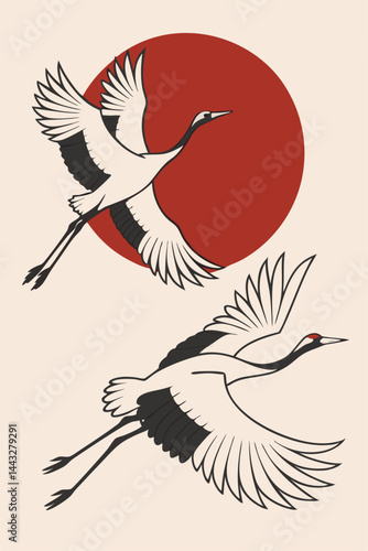 Vector illustration of red sun with two cranes to create a harmonious design
