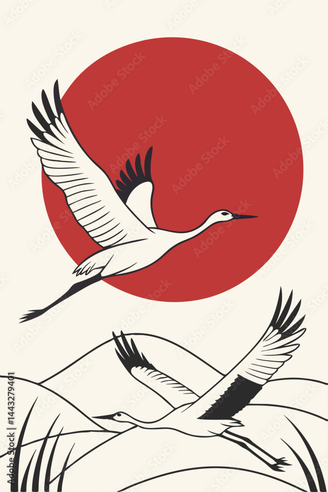 Fototapeta premium Elegant illustration of red sun (hinomaru) with white cranes in minimalist style