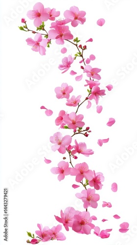 Delicate pink cherry blossoms cascade down a white background creating a serene and elegant floral arrangement perfect for spring themed designs and romantic projects