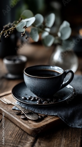 Dark, moody coffee scene with rich tones.  A cup of coffee, coffee beans, and a dark gray background