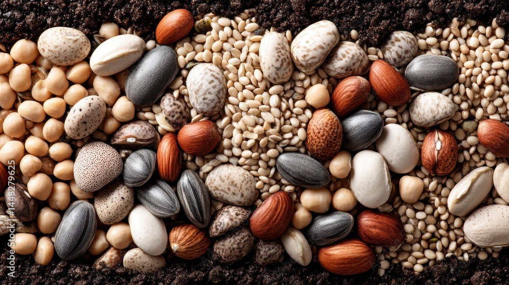 Many diverse seeds nestled together in fertile soil, ready to germinate and grow - green harvest seedlings Many diverse seeds nestled together in fertile soil, ready to germinate and grow - green harvest seedlings