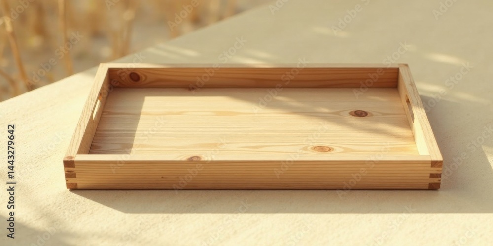 A Simple, Rustic, Light-Colored Wooden Tray with Side Handles, Perfect for Serving or Displaying Items, Sitting on a Neutral-Colored Surface, Bathed in Soft, Natural Light A Simple, Rustic, Light-Colored Wooden Tray with Side Handles, Perfect for Serving or Displaying Items, Sitting on a Neutral-Colored Surface, Bathed in Soft, Natural Light