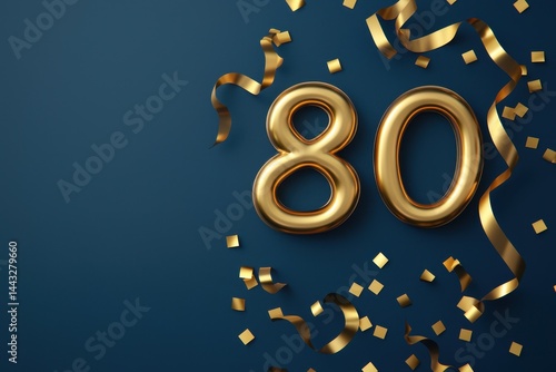 Golden Number 80 with Ribbon and Confetti on Blue Background