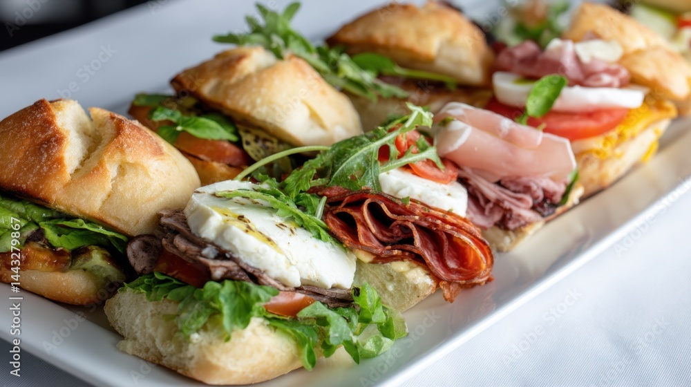 Gourmet Sandwich Platter with Fresh Ingredients on a White Plate Delicious Food Photography Close Up View of Tasty Sandwiches with Meat Cheese and Vegetables Gourmet Sandwich Platter with Fresh Ingredients on a White Plate Delicious Food Photography Close Up View of Tasty Sandwiches with Meat Cheese and Vegetables
