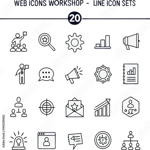 Workshop set of web icons in line style. Business Workshop icons for web and mobile app. Containing team building, teamwork, coaching, meeting, managing, coaching, motivation 
