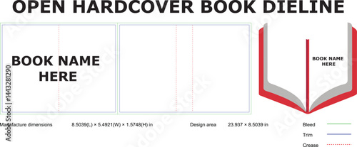 Open Hardcover Book Dieline Template Design, Size, and Bleed