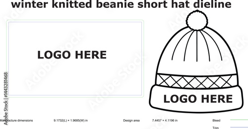 Winter Knitted Beanie Hat Design Template Short, Logo, Outline