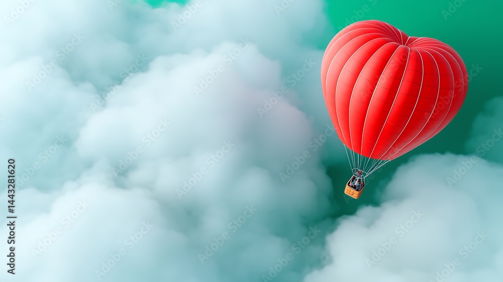 Fototapeta premium Red heart balloon drifts among soft, cloudy formations in a serene, surreal sky