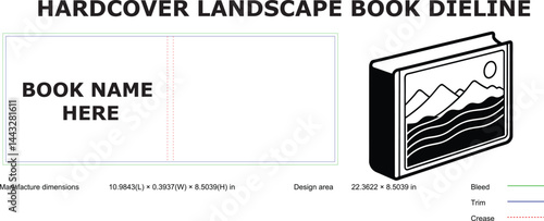 Hardcover landscape book die line template mockup with dimensions for print production