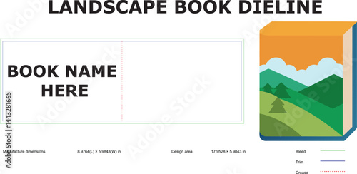 Landscape book cover dieline template with mountain illustration for print design