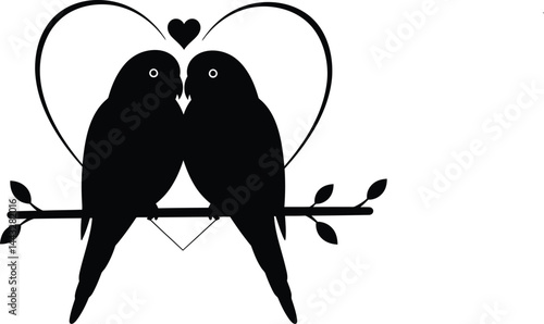 Lovebirds Couple Silhouette on Branch with Heart Shape Romantic Vector Design .

