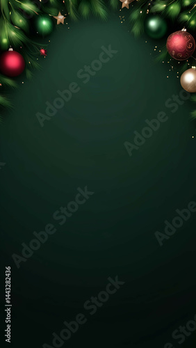 dark green christmas decoration background with ornaments and empty copy space