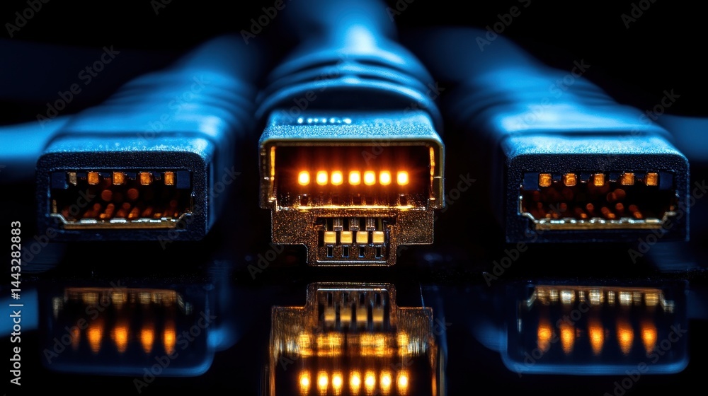 Close-up of HDMI and USB-C Cables Glowing in the Dark Close-up of HDMI and USB-C Cables Glowing in the Dark