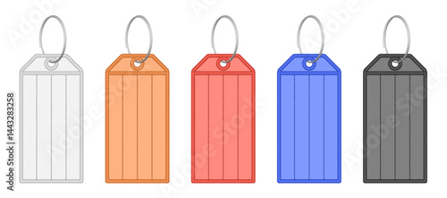 Set of multicolored key tags with split ring and window. White, orange, red, blue and black labels. Keyring, keychain	
