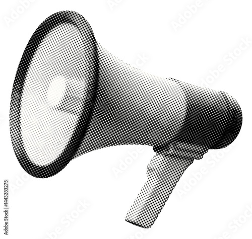 handheld megaphone isolated retro halftone grunge dotted cut-out collage element for mixed media communication public speaking announcement breaking news marketing advertising design