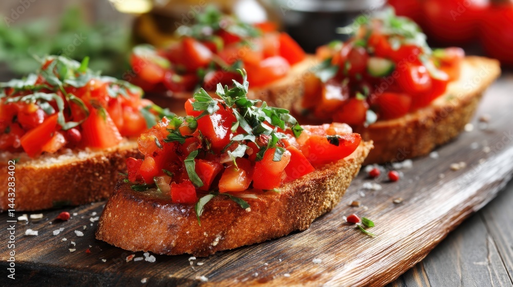 Appetizing bruschetta topped with fresh tomatoes and basil on rustic wooden board close up view vibrant colors capturing the essence of italian cuisine food photography Appetizing bruschetta topped with fresh tomatoes and basil on rustic wooden board close up view vibrant colors capturing the essence of italian cuisine food photography
