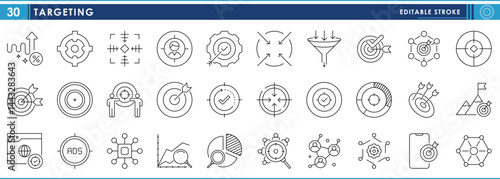 A set of line icons related to Targeting. Target, aim, mission, business, crosshair, ambition, achieve, and so on. Vector editable stroke.