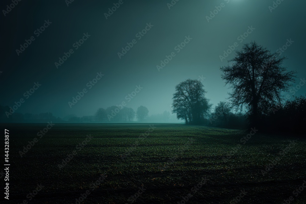 Fototapeta premium A misty landscape at night with silhouetted trees and a faintly glowing sky.