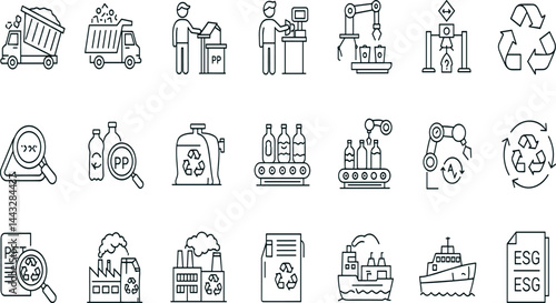 Plastic recycling line icon set. Vector pictograms of waste, conveyor, sustainability, reuse, energy, thermal, chemical, sorting process, bin, truck, logistics