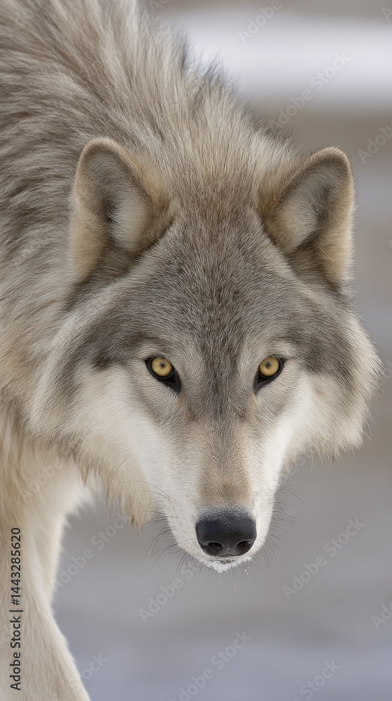 Fototapeta premium Close-up of a wolf's head, looking directly forward in a snowy landscape