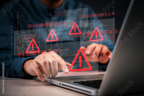 Bilde på lerret Cybersecurity warning with coding glitch and malware alert shown on digital interface, representing data breach and system vulnerability