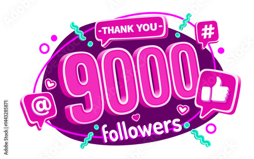 Thank you 9000 followers, peoples online social group, happy banner celebrate, Vector illustration