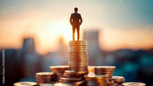 A businessman triumphantly stands atop a mountain of coins, symbolizing wealth and success.