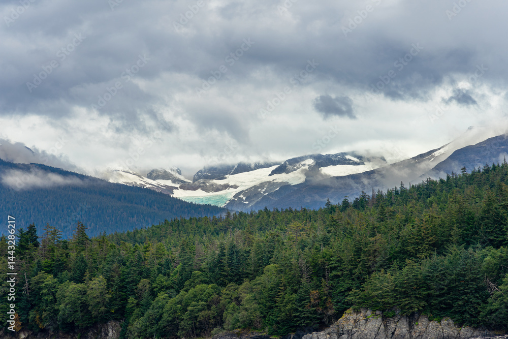 Fototapeta premium Alaska landscape with forest and snow capped mountains in the autumn season
