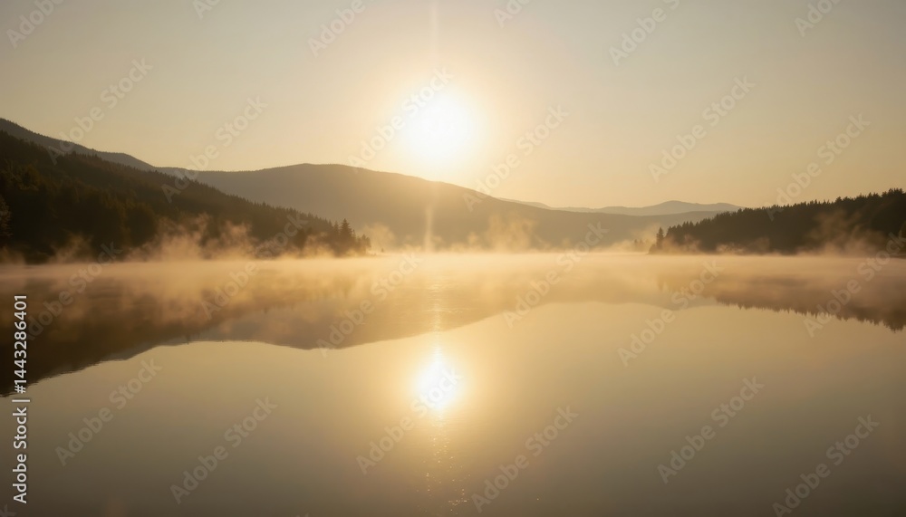 Fototapeta premium A serene sunrise over a misty lake, reflecting mountains and a golden sky, creating a tranquil and peaceful atmosphere.
