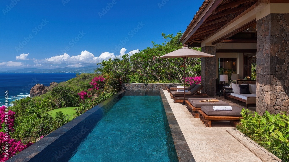 Fototapeta premium Luxurious Villa with Ocean View and Infinity Pool Surrounded by Nature