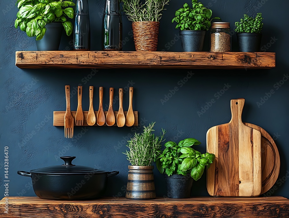 Rustic kitchen shelving with herbs, utensils, and cookware
