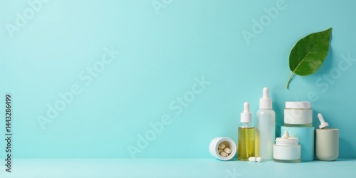 Wallpaper Mural Serene Skincare Products Displayed Against a Pastel Blue Background Featuring Natural Elements Torontodigital.ca