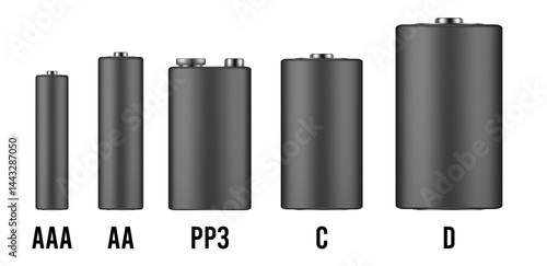 Black battery mockup. Set of different types of alkaline batteries. AAA, AA, PP3, C and D types. Realistic vector illustration
