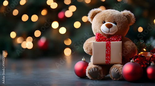 Wallpaper Mural Teddy Bear with Gift Box Among Christmas Ornaments and Lights Torontodigital.ca